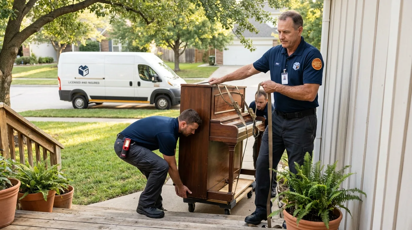 Licensed piano movers securing grand piano in Ketchikan, AK